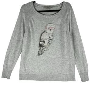LOFT Womens Owl Sweater M Gray Graphic Print Pullover Wool Blend Round Neck